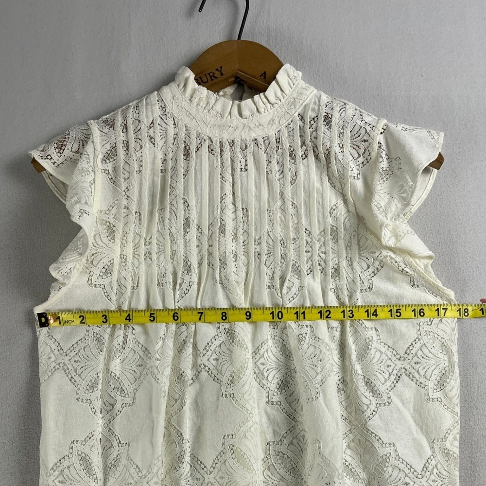 Ivory Lace Ruffle Mock Neck Sleeveless Blouse XS Pleated Boho Top - Picture 6 of 7